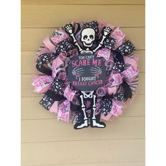 Halloween Breast Cancer Awareness Wreath – Skeleton “You Can’t Scare Me” Decor - Picture 10 of 10